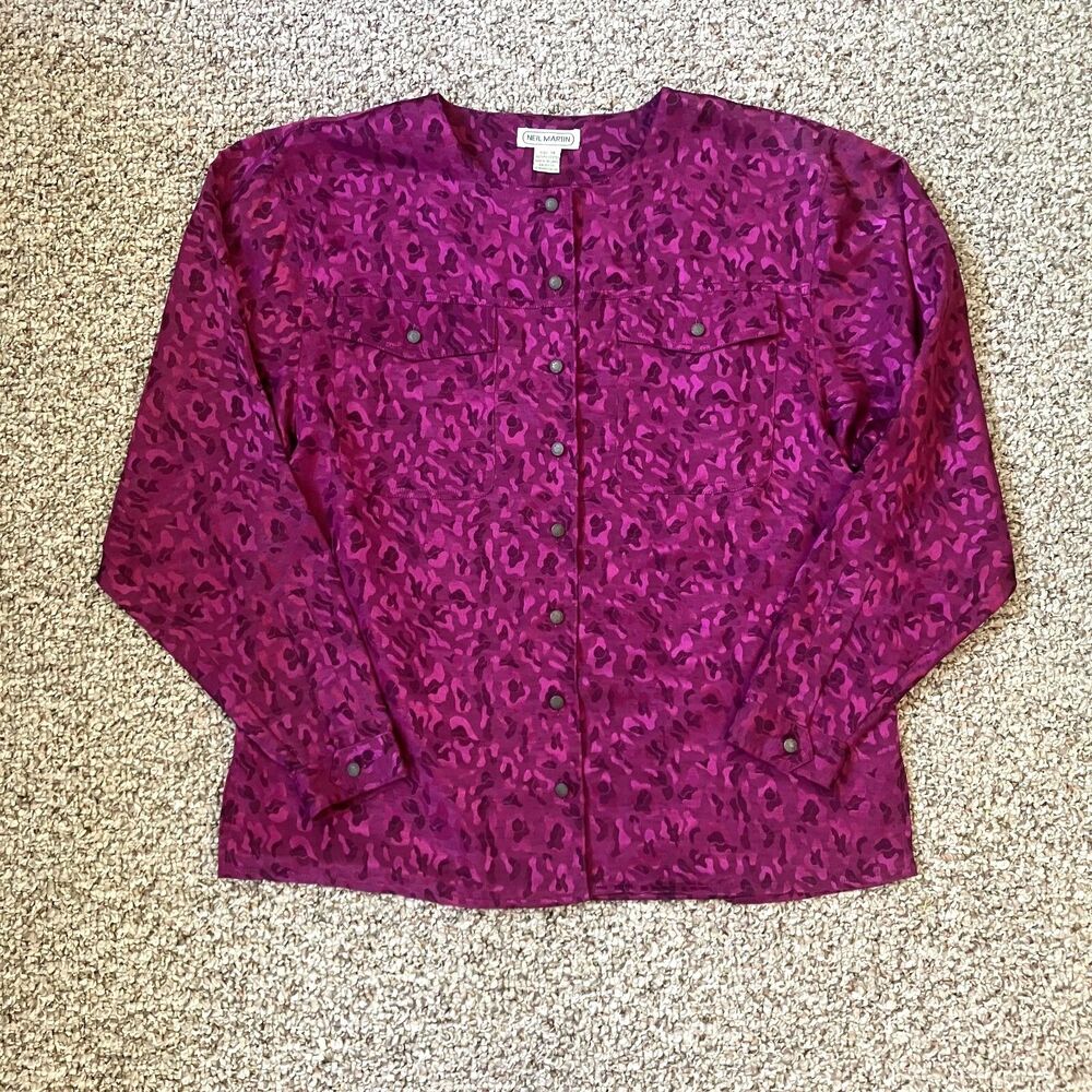 Neil Martin Womens Vintage 80s Blouse Top Size 14 Pink Iridescent Barbie Button